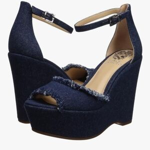 Vince Camuto Dark Blue Denim Wedge Sandals with Ankle Strap